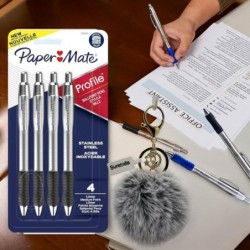 Paper Mate Paper Mate Profile Druckkugelschreiber, schwarze Kugelschreiber | Flauschiger Schlüsselanhänger mit Pompom-Bällen im Lieferumfang enthalten, 1,0 mm schwarze Tinte, Edelstahlschaft, komfortabler Griff (2er-Pack)