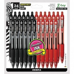 Zebra-Stift, Großpackung mit 24 Tintenstiften, Z-Grip-Druckkugelschreiber, mittlere Spitze 1,0 mm, 12 schwarze Stifte und 12 rote Stifte, Kombipackung