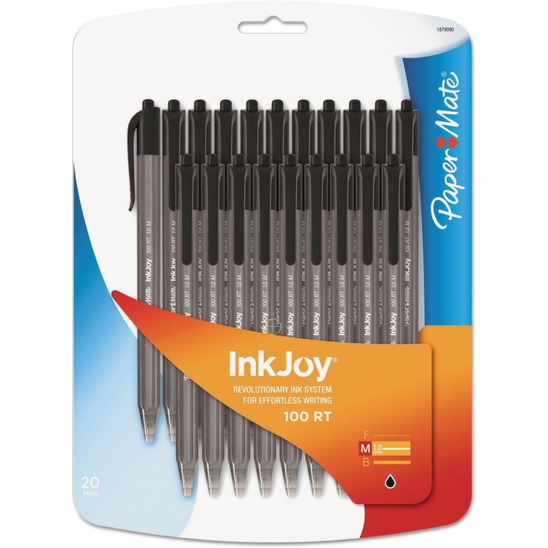 Paper Mate Inkjoy 100 RT Kugelschreiber, einziehbar, mittel 1 mm, schwarze Tinte, schwarzer Schaft, 20/Packung