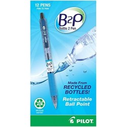 Pilot® B2P „Bottle To Pen“ Druckkugelschreiber, feine Spitze, 0,7 mm, 86 % recycelt, durchscheinend blaues Gehäuse, schwarze Tinte, 12er-Pack