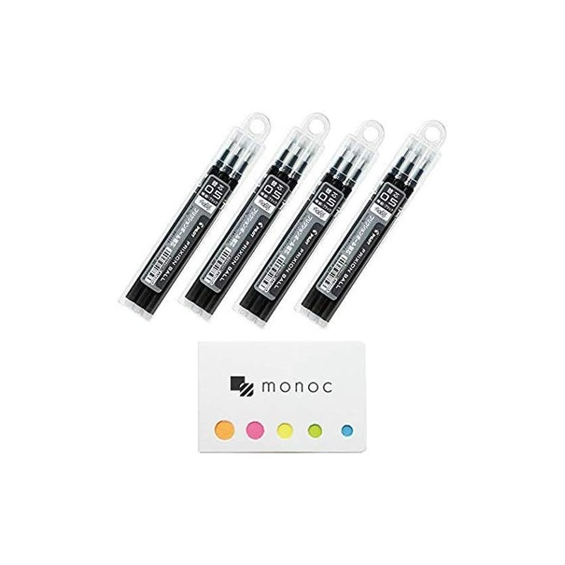 Pilot FriXion Ball-Mine, 0,5 mm, schwarze Tinte, löschbare Geltinten-Kugelschreiber-Mine, 3 Stück x 4er-Pack (insgesamt 12 Minen) und einfarbiger Haftnotizzettel (Japan-Import)