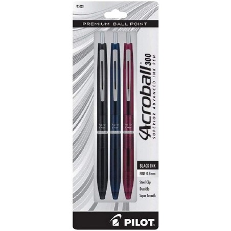 PILOT Acroball 300 Premium-Kugelschreiber mit Nachfüllfunktion und Druckfunktion, Schaft in verschiedenen Farben, feine Spitze, schwarze Tinte, 3er-Pack (13625)