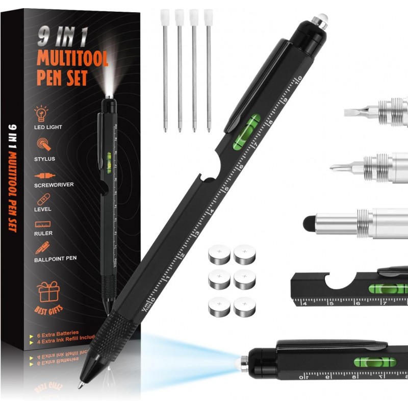 Coole Stiftgeschenke für Männer, 9-in-1-Multifunktionswerkzeug, technische Stift-Gadgets für Männer, personalisierte Geschenke für Papa oder ihn, lustiges Geschenk zu Weihnachten, zum Vatertag, zum Valentinstag oder zum Geburtstag (9 IN 1 Schwarz)