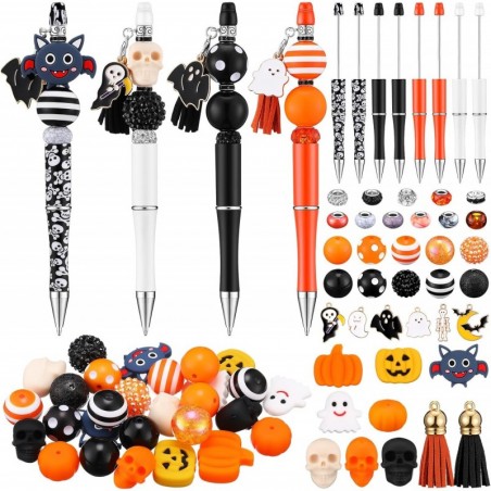 Tenceur 12 Stück Halloween-Perlenstift aus Kunststoff, Kugelschreiber, Halloween-Silikonperlen, 105 Stück Zubehör, DIY-Perlenstift mit schwarzer Tinte, Kürbis-Totenkopf, Geister-Fledermaus-Perlen-Set für Frauen (Orange, stilvoller Stil)