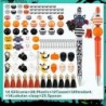 Tenceur 12 Stück Halloween-Perlenstift aus Kunststoff, Kugelschreiber, Halloween-Silikonperlen, 105 Stück Zubehör, DIY-Perlenstift mit schwarzer Tinte, Kürbis-Totenkopf, Geister-Fledermaus-Perlen-Set für Frauen (Orange, stilvoller Stil)