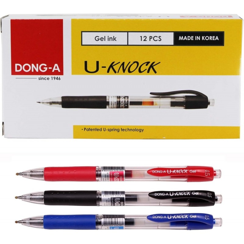 Dong-A U-Knock Gel-Tinten-Kugelschreiber, U-Spring-Technologie, 0,5 mm (1 Dutzend), sanftes Schreiben (sortiert)