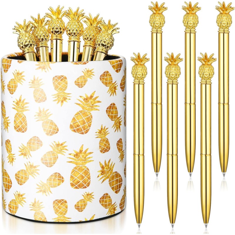 Ananas-Stiftehalter mit 6 Ananas-Stiften, ananasförmiger Kugelschreiber, schwarzer 0,5-mm-Gel-Tintenstift für Bleistiftbecher für Frauen und Mädchen, Schreibtisch-Organizer, Make-up-Pinselhalter, Klassenzimmer, Büros, Zuhause