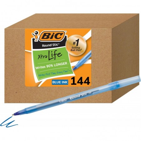 BIC Round Stic Xtra Life Kugelschreiber, blau, mittlere Spitze (1,0 mm), 144er-Packung mit Stiften, flexibler runder Schaft für Schreibkomfort, meistverkaufte Kugelschreiber