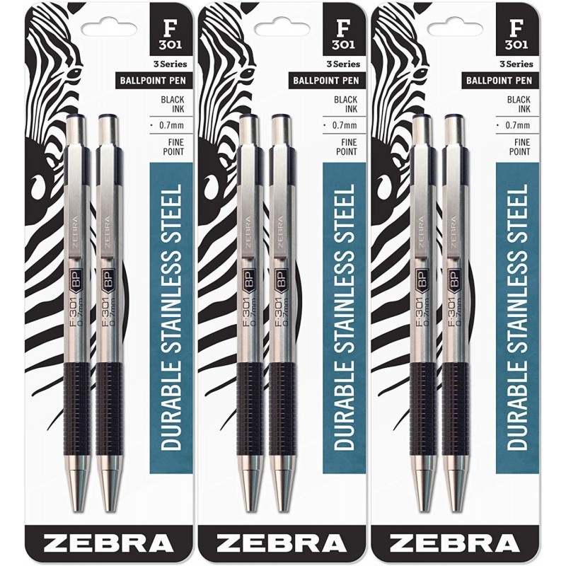 Zebra F-301 Druckkugelschreiber aus Edelstahl, feine Spitze, 0,7 mm, schwarze Tinte, 2 Stück, 3er-Pack