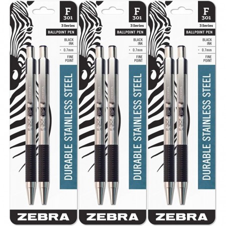 Zebra F-301 Druckkugelschreiber aus Edelstahl, feine Spitze, 0,7 mm, schwarze Tinte, 2 Stück, 3er-Pack