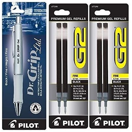 Pilot Dr. Grip Limited Gelschreiber mit einziehbarem Rolling Ball, feine Spitze, platinmetallicfarbener Schaft, schwarze Tinte mit 4 schwarzen Tintennachfüllungen