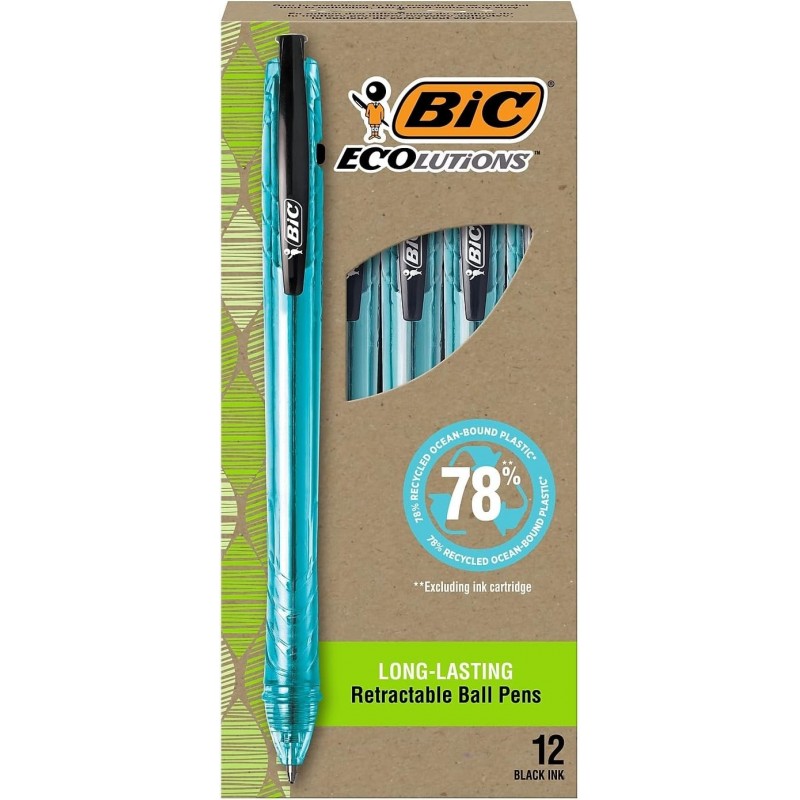 BIC Ecolutions Ocean-Bound Druckkugelschreiber, mittlere Spitze, schwarze Tinte, Dutzend (Bprr11-Blk)