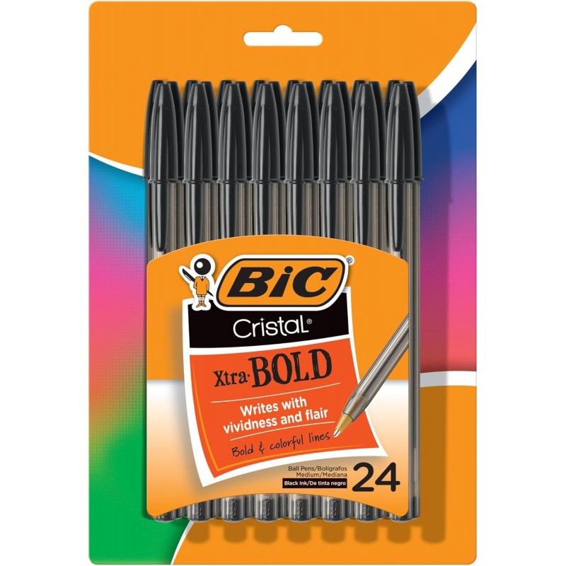 BIC® Cristal® Xtra Bold Stic Kugelschreiber, 1,6 mm, transparenter schwarzer Schaft, schwarze Tinte, Packung mit 24 Stiften