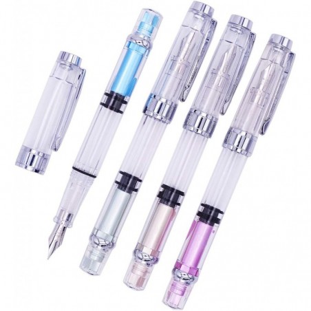 【Upgrade】4 PCS Yongsheng 3008 Kolbenfüller-Set, transparente silberne Verzierung, feine Feder, Stift mit großem Fassungsvermögen zum Schreiben/Büro/Schule/Unterschriften/Geschenk