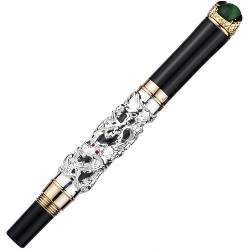 Jinhao Silver Dragon King Vintage-Füller mit feiner Spitze, Metallschnitzerei, grüner Schmuck, Kalligraphie-Tintenstifte