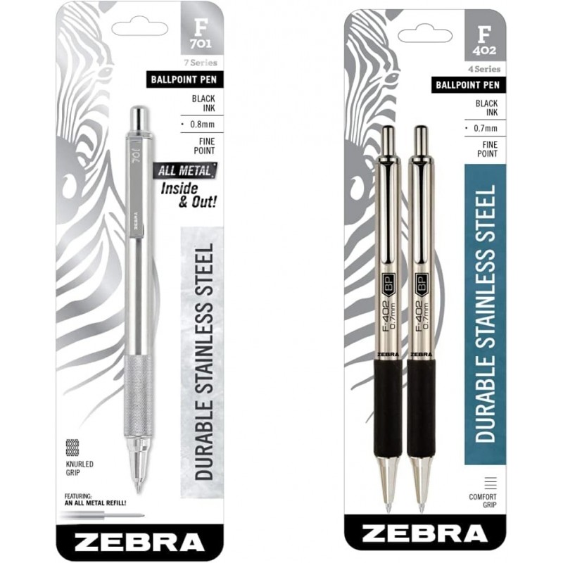 Zebra Pen F-402 Druckkugelschreiber, Edelstahlgehäuse, feine Spitze, 0,7 mm, schwarze Tinte, 2er-Pack & 01 Druckkugelschreiber aus Edelstahl, feine Spitze, 0,7 mm, silbernes Gehäuse, schwarze Tinte