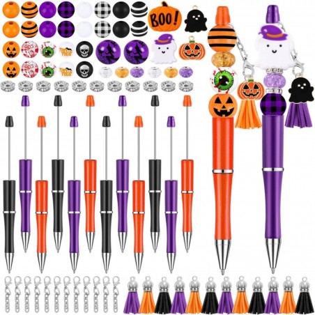 12er-Set Halloween-Bastelstifte, Herbst-Perlenstifte, Kugelschreiber, DIY-Stiftebausatz mit Holzperlen-Anhängern, Karabinerverschlüssen für Halloween, Studenten, Teenager, Schule, Bürobedarf