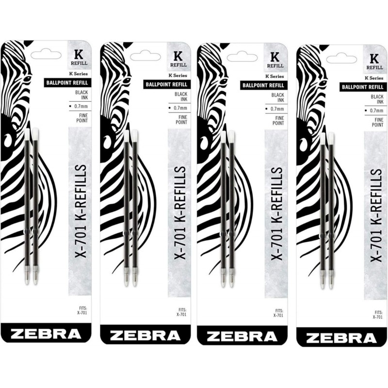 Zebra Pen Kugelschreiberminen K-Refills für X-701, 0,7 mm, schwarze Tinte, 4er-Pack, insgesamt 8 Minen