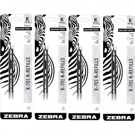 Zebra Pen Kugelschreiberminen K-Refills für X-701, 0,7 mm, schwarze Tinte, 4er-Pack, insgesamt 8 Minen