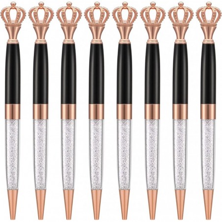 Wikult 8-teiliges Kugelschreiber-Set mit schwarzer Kristallkrone, personalisierter, ausgefallener Juwelenstift für Frauen, Kinder, Mädchen, Bürobedarf, mit Ihrem Namen graviert