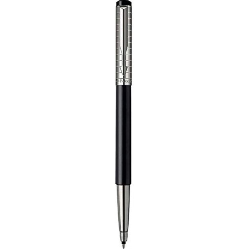 Parker Vector Premium Tintenroller, schwarzer Edelstahl, gemeißelt, mittlere Spitze, blaue Tinte