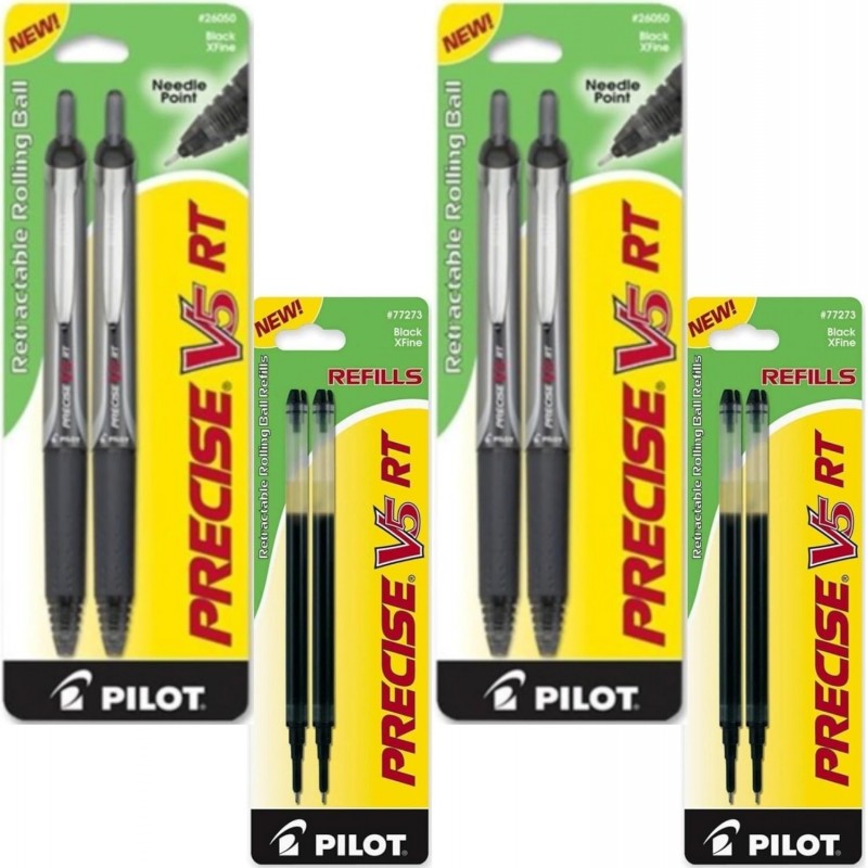 PILOT Precise V5 RT Druckkugelschreiber, extrafeine Spitze, 4 Stifte, schwarze Tinte (26050) mit 4 schwarzen Tintenminen