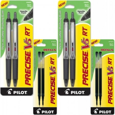 PILOT Precise V5 RT Druckkugelschreiber, extrafeine Spitze, 4 Stifte, schwarze Tinte (26050) mit 4 schwarzen Tintenminen