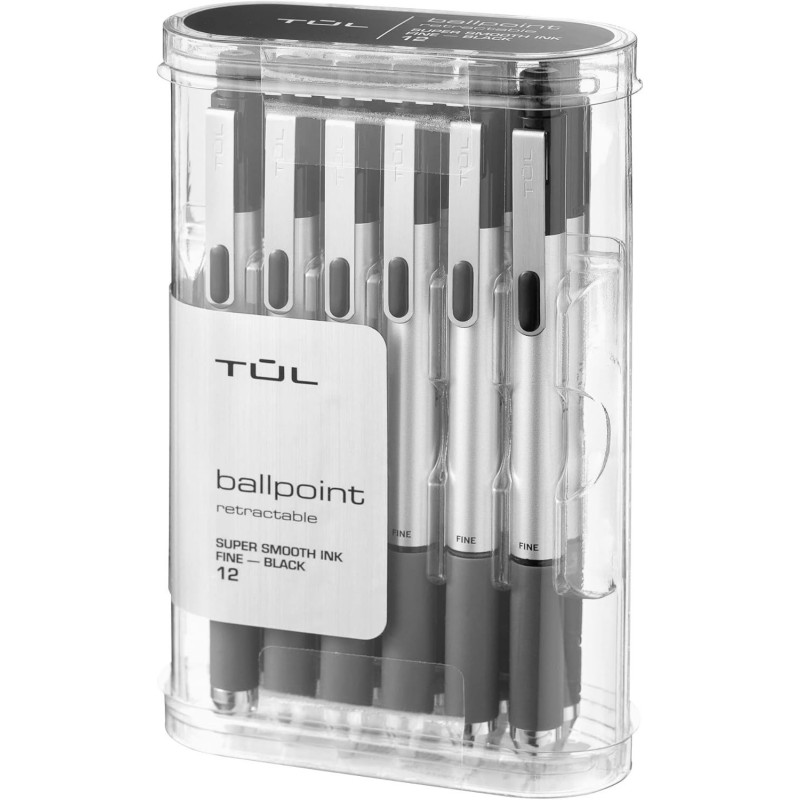 TUL BP3 Kugelschreiber, einziehbar, feine Spitze, 0,8 mm, silberner Schaft, schwarze Tinte, 12er-Pack