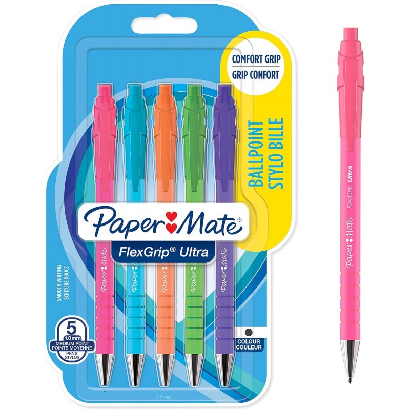 Paper Mate Flexgrip Ultra Retro-Kugelschreiber | Mittlere Spitze (1,0 mm) | Schwarze Tinte | Retro-Gehäuse | 5 Stück