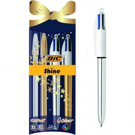 Bic Shine – Kugelschreiber-Geschenkset für Weihnachten – 4er-Pack Stifte (4 Farben und Kristall) mit gold- und silberglänzenden Schäften – blaue und schwarze Tinte