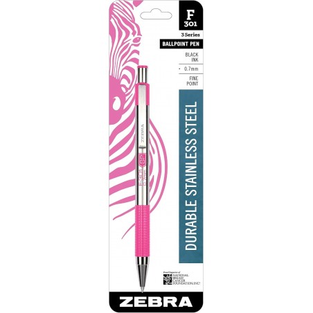 Zebra F-301 Druckkugelschreiber aus Edelstahl, 0,7 mm, rosa BCA-Schaft, schwarze Tinte (6)