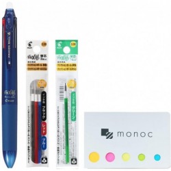 monoc Pilot Frixion Ball 4 Click, einziehbarer 4-Farben-Geltinten-Multistift, löschbar, 0,38 mm/blau-schwarzes Gehäuse und jeweils 4 Farbminen (schwarz, blau, rot, grün), Vorteilsset, Haftnotiz-Set (Japan-Import)