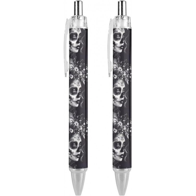 Kugelschreiber mit Totenkopf-Aufdruck „Tag der Toten“ für Frauen, Blumenmotiv, einziehbarer Stift mit feiner Spitze und schwarzer Tinte, 0,5 mm, Bürobedarf für Frauen und Männer