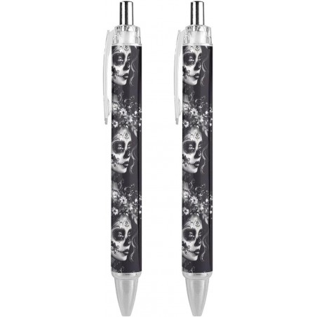 Kugelschreiber mit Totenkopf-Aufdruck „Tag der Toten“ für Frauen, Blumenmotiv, einziehbarer Stift mit feiner Spitze und schwarzer Tinte, 0,5 mm, Bürobedarf für Frauen und Männer