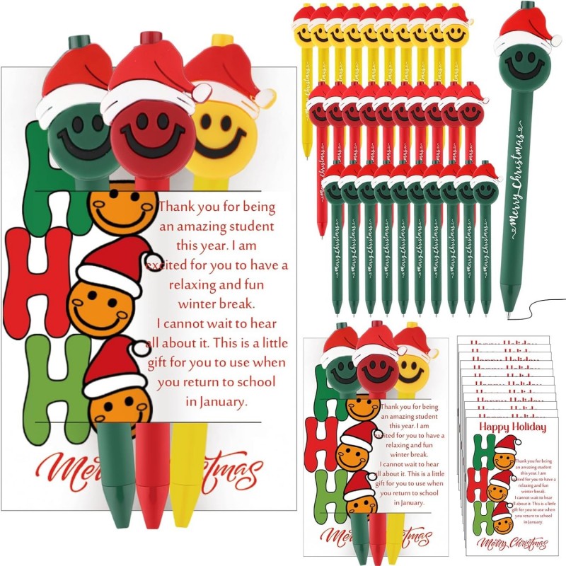 ReliThick Weihnachts-Kugelschreiber mit Weihnachtswunschkarten, Geschenke zum Jahresende für Schüler und Lehrer, Lächelndes Gesicht mit Kappe, Stift, Mitarbeiter-Anerkennungsgeschenk, Partygeschenk, Schul- und Bürogeschenk, 30 Sets