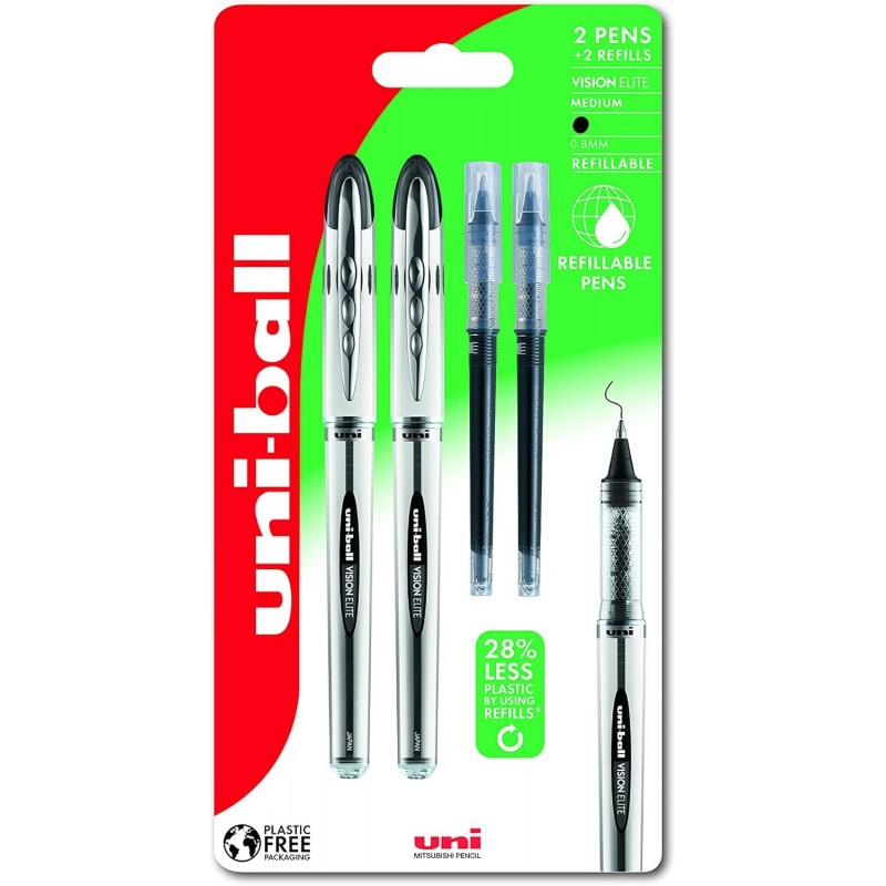 uni-ball UB-200 Vision Elite Tintenroller. Hochwertige mittlere 0,8-mm-Kugelschreiberspitze für superweiches Schreiben mit der Hand, Zeichnen, Kunst, Basteln und Malen. 2 Stifte + 2 Minen mit schwarzer Uni Super-Tinte