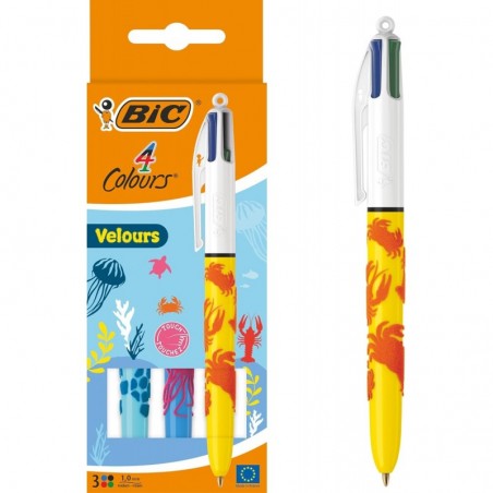 Bic 4 Colours Velours-Kugelschreiber, mittlere Spitze (1,0 mm), verschiedene Schaftdesigns, 3er-Pack, Schwarz