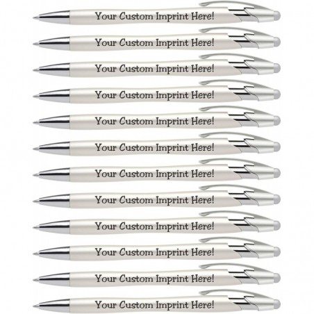 ExpressPen™ – Personalisierte Stifte mit Stylus – Die Perle – Personalisierte, metallisch bedruckte Namensstifte mit schwarzer Tinte – Mit Logo oder Nachricht bedruckt – Tolle Geschenkideen – 12er-Pack (Silber)