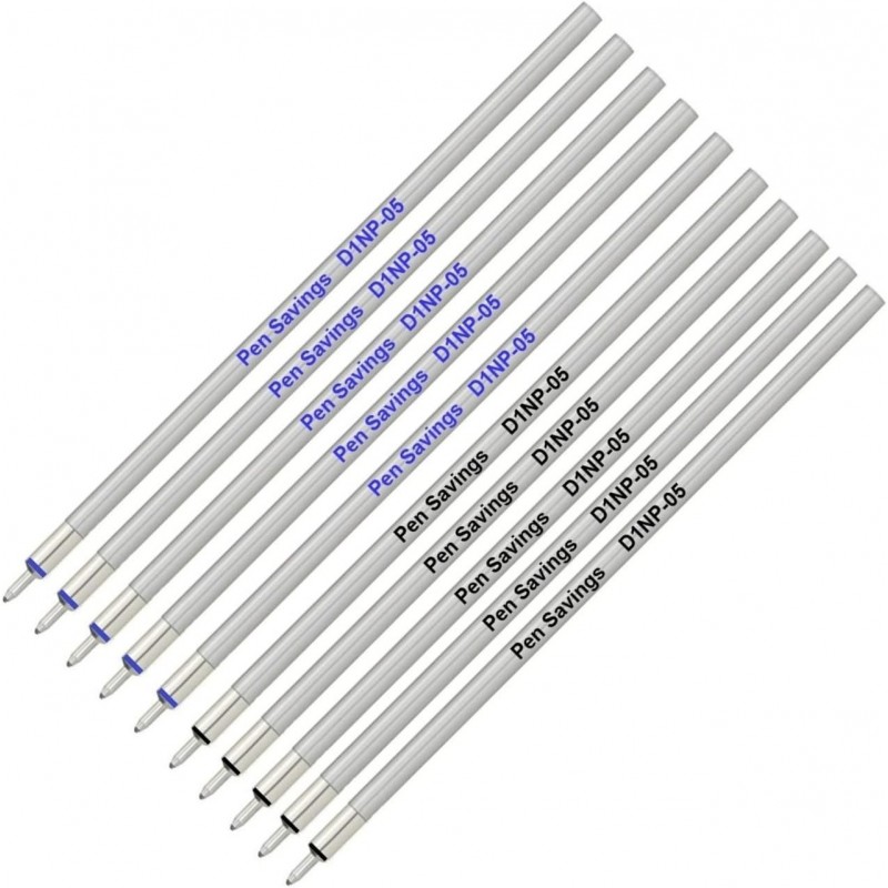 Pen Savings Mini D1 Needlepoint-Kugelschreiberminen, 10er-Pack, 0,5 mm extrafeine Spitze, gleichmäßiger Tintenfluss, 66 mm, Metallschaft (schwarz)