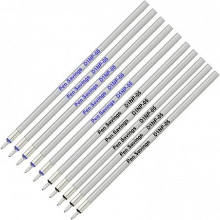 Pen Savings Mini D1 Needlepoint-Kugelschreiberminen, 10er-Pack, 0,5 mm extrafeine Spitze, gleichmäßiger Tintenfluss, 66 mm, Metallschaft (schwarz)