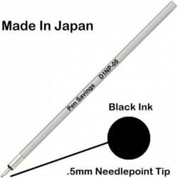 Pen Savings Mini D1 Needlepoint-Kugelschreiberminen, 10er-Pack, 0,5 mm extrafeine Spitze, gleichmäßiger Tintenfluss, 66 mm, Metallschaft (schwarz)