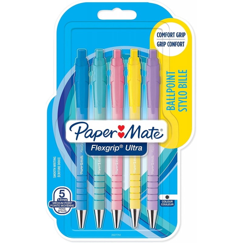 Paper Mate Flexgrip Ultra Pastel Kugelschreiber | Mittlere Spitze (1,0 mm) | Schwarze Tinte | Pastellfarbene Schafte | 5 Stück