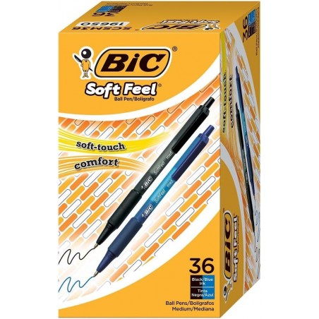 BIC Soft Feel Druckkugelschreiber in verschiedenen Farben, mittlere Spitze (1,0 mm), 36er-Packung, schwarze und blaue Stifte mit Soft-Touch-Komfortgriff, perfekte Farbstifte zum Notieren