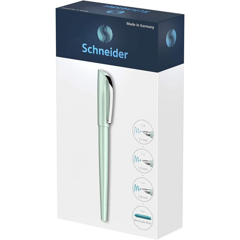 Schneider Callissima Kalligraphie Füllfederhalter Geschenkset: Mint, 1,1 mm, 1,5 mm, 1,8 mm austauschbare Spitzen + 6er-Pack Bermudablau-Tintenpatronen (143811)