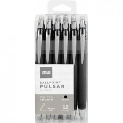 Office Depot Pulsar Advanced Ink-Kugelschreiber, konische/mittlere Spitze, 0,8 mm, schwarzer Schaft, schwarze Tinte, 12er-Pack