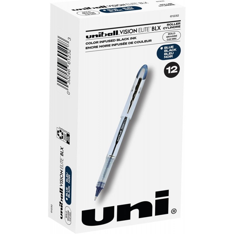 uni-ball Vision Elite BLX Infusion Tintenroller, dicke Spitze, 0,8 mm, Blau/Schwarz, 12er-Pack