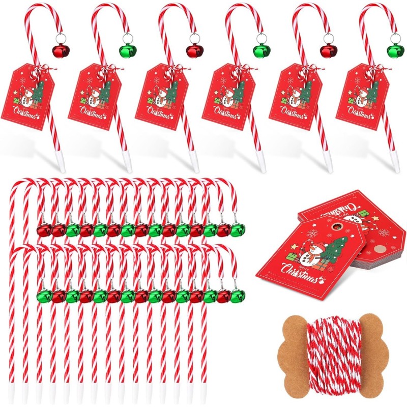 36 Stück Weihnachts-Kugelschreiber in Zuckerstangenform mit 36 Stück Weihnachtsgeschenkkarten, Zuckerstangen-Stifte mit Glöckchen, süße Weihnachtsstifte mit schwarzer Tinte, Geschenk für Weihnachtsbürobedarf (heller Stil)