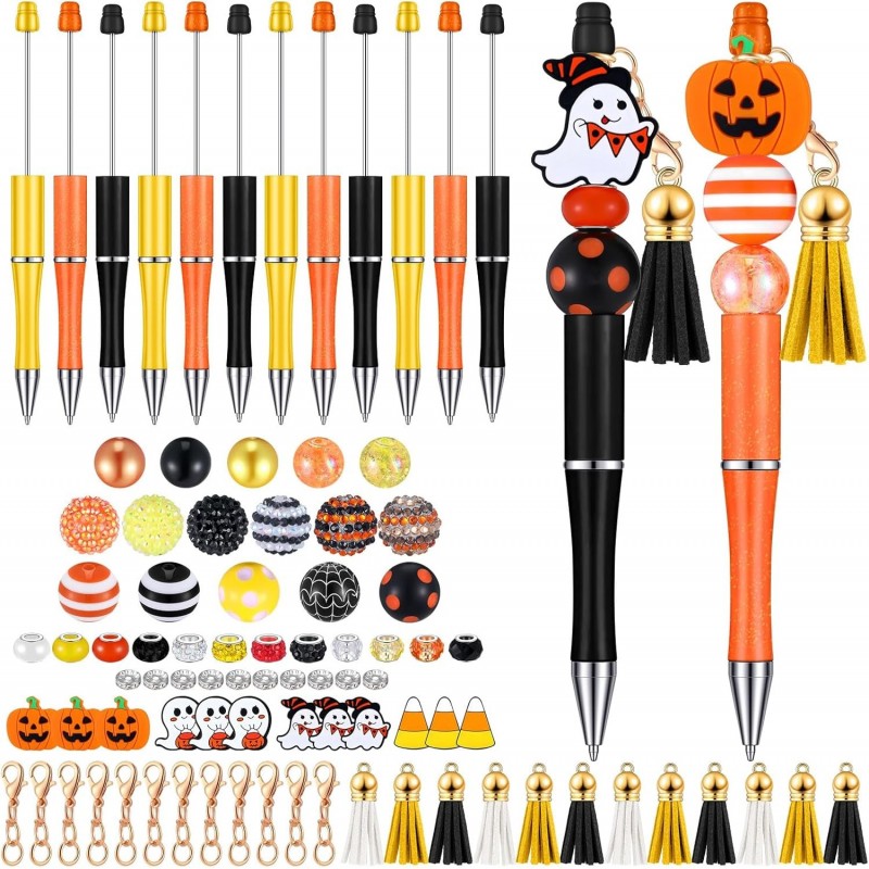 Colarr 12 Sets Perlenstifte, Halloween-Perlenstifte mit Silikonperlen, Quastenverschlüssen und Zwergen-Perlenstiften, DIY-Stiftebastelset fürs Büro, Weihnachtsgeschenk (süßer Stil)