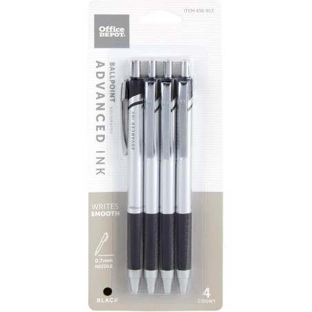 Office Depot Advanced Ink Druckkugelschreiber, Nadelspitze, 0,7 mm, silberner Schaft, schwarze Tinte, 4er-Pack