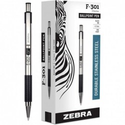 Zebra F-301 Druckkugelschreiber aus Edelstahl, feine Spitze, 0,7 mm, schwarze Tinte, 4er-Paket mit 0,7 mm, feine Spitze, schwarz, 4er-Pack, 8 Minen